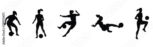 Set of Women soccer player silhouettes. Isolated on white background. Vector illustration