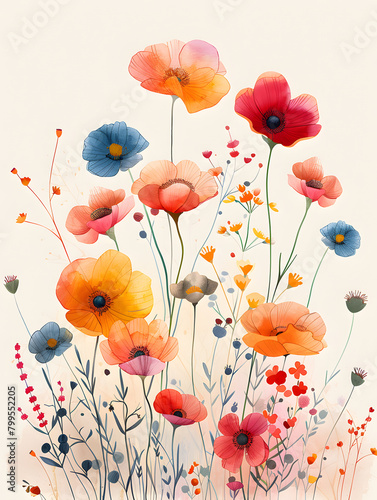 Vibrant flowers painted on a white canvas, art in full bloom