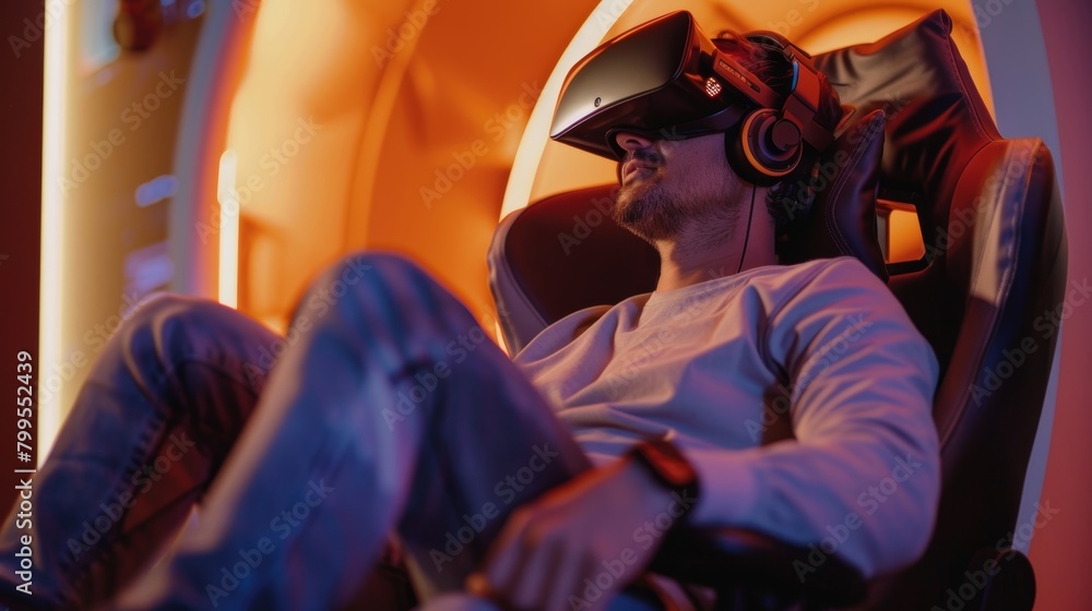 Obraz premium A man sitting in a gaming chair with builtin speakers and vibration technology completely immersed in a virtual world..