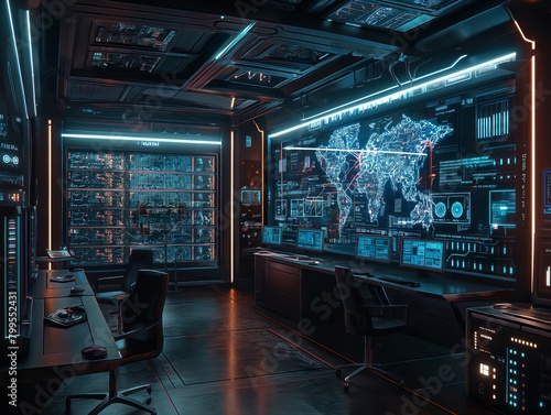 A futuristic room with a large monitor displaying a map of the world. The room is filled with computer screens and chairs, and the atmosphere is high-tech and modern