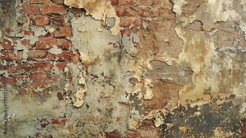 Texture of a deteriorating brick wall with crumbling plaster