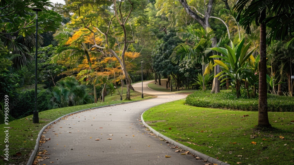 Curved pathway through lush green park with tropical foliage and fallen leaves