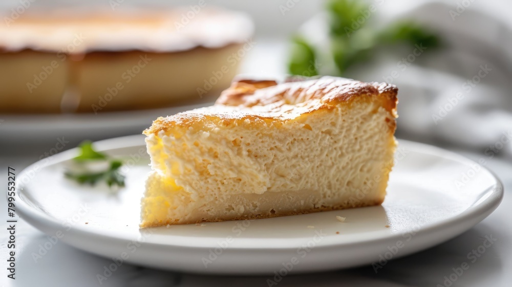 Slice of creamy, layered custard pie on white plate with full in background Slice of creamy, layered custard pie on white plate with full in background