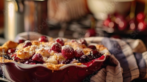 Freshly baked fruit cobbler in red dish with berries and powdered sugar on top, cozy background