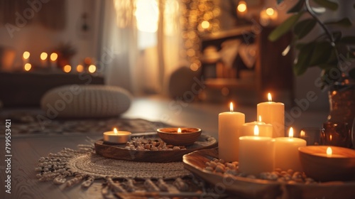 The warm tones of the candles and the earthy decor elements create a cozy and inviting space for a candlelit meditation session. 2d flat cartoon.