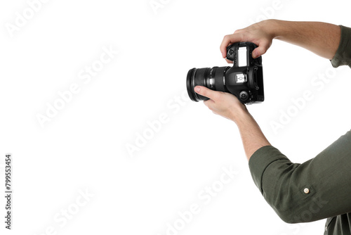 Photographer holding modern camera on white background, closeup © New Africa