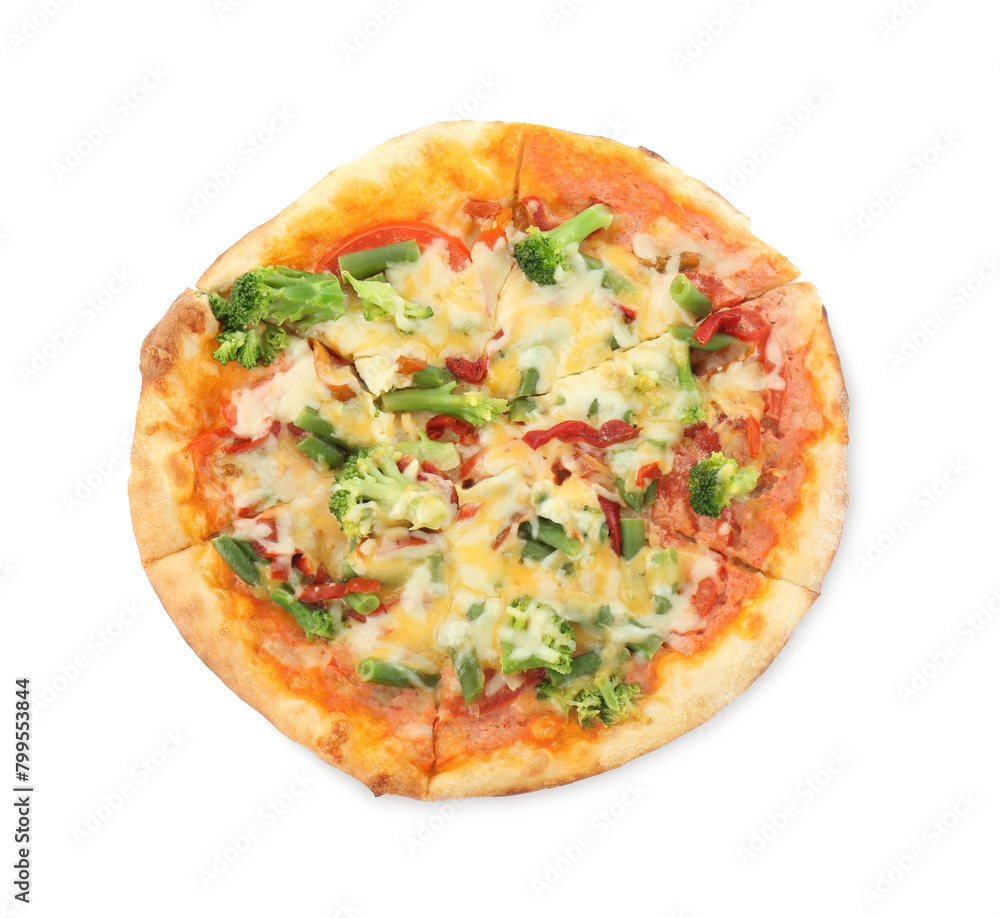 One delicious vegetarian pizza isolated on white, top view One delicious vegetarian pizza isolated on white, top view