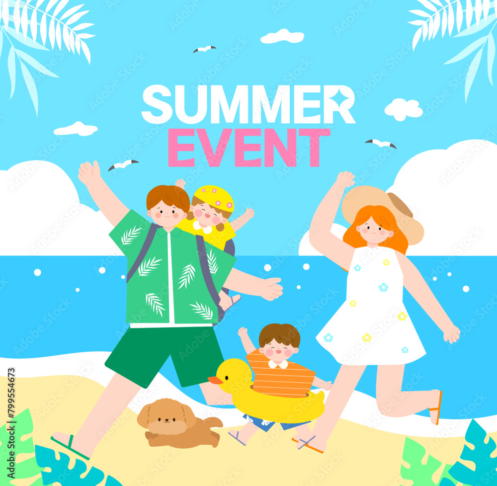 Summer Event Template With Family and Puppies Playing Excitingly on the Beach Summer Event Template With Family and Puppies Playing Excitingly on the Beach