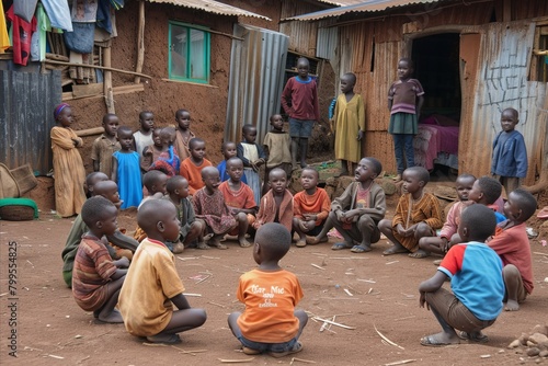Unidentified Ghanaian little boys sit in the street. People of Ghana suffer of poverty due to the economic situation photo