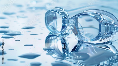 Clear swimming goggles on wet surface with water droplets