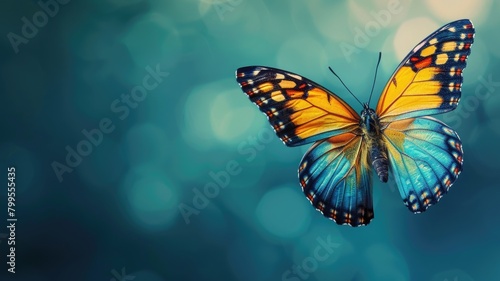 Vibrant butterfly with spread wings on blurred blue background photo