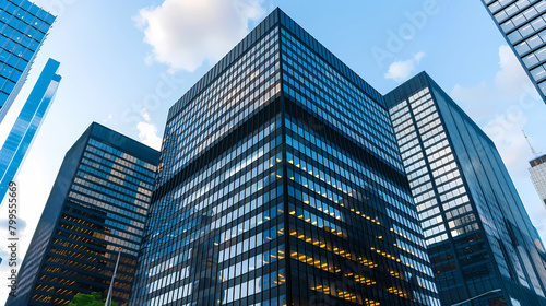 Modern Glass Skyscrapers Towering Against a Blue Sky