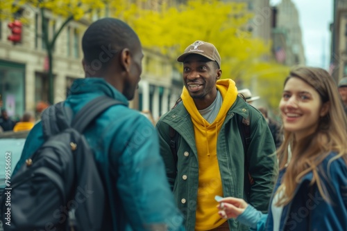 Cheerful african american man looking at camera while walking with friends in city