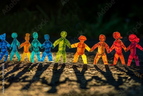 Brightly colored paper people holding hands in a line