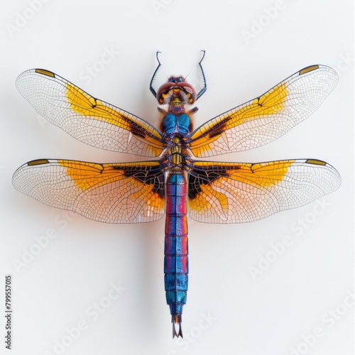 dragonfly on white background The dragonfly should be able to display sharp details. It displays intricate wings, a slender body, and multifaceted eyes. © Saowanee