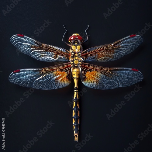 dragonfly on black background The dragonfly should be able to display sharp details. It displays intricate wings, a slender body, and multifaceted eyes. © Saowanee