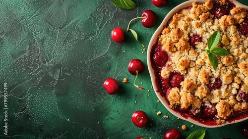 Freshly baked cherry crumble in round dish on green textured background photo