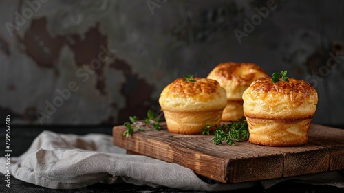 Golden cheese souffles on wooden board with herbs photo