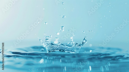 Clear water splash with droplets on tranquil blue background