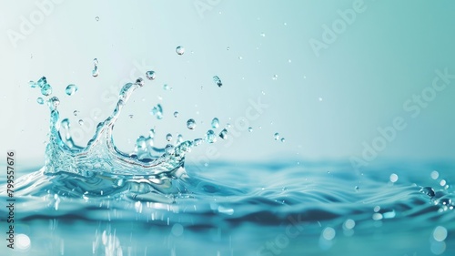 Clear water splashing with droplets suspended above calm surface against blue background
