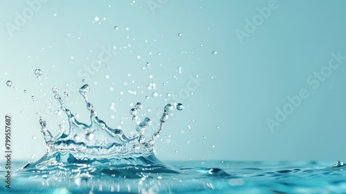 Clear water splash with droplets on blue background