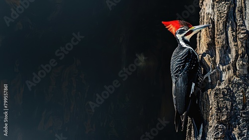 Pileated woodpecker on tree trunk with dark background photo