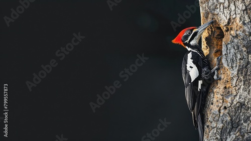 Woodpecker on tree trunk with clear contrast background