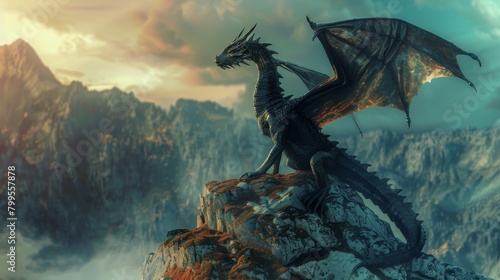 A fierce dragon its scales glowing with elemental energy balances atop a mystical mountain peak. Its wings span wide representing . .