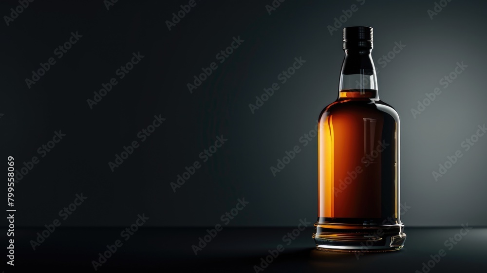 Sealed bottle of amber-colored liquid on dark background with copy space Sealed bottle of amber-colored liquid on dark background with copy space