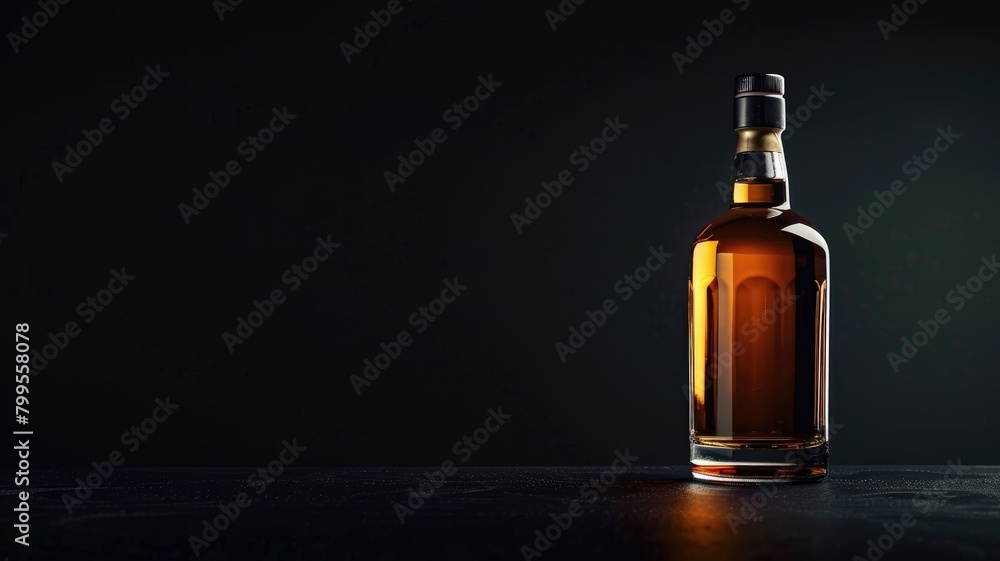 Sealed bottle of amber liquid on dark background with copy space Sealed bottle of amber liquid on dark background with copy space