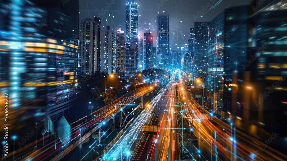 Naklejka premium Long exposure night light photography in the middle of the city skyscrapers