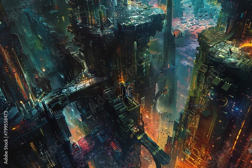 Craft a mesmerizing image showcasing a birds-eye view of a futuristic metropolis teeming with robotic creatures amidst a surrealistic landscape