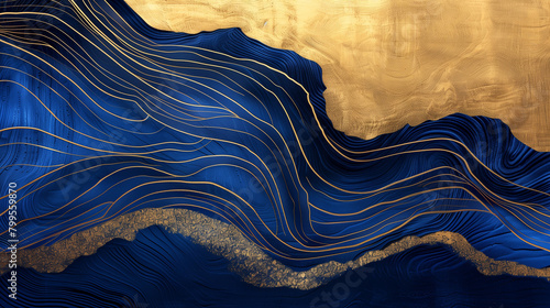 Gleaming Azure Ripples with Golden Highlights - Abstract Ocean-Inspired Wall Art for Contemporary Interior Design photo