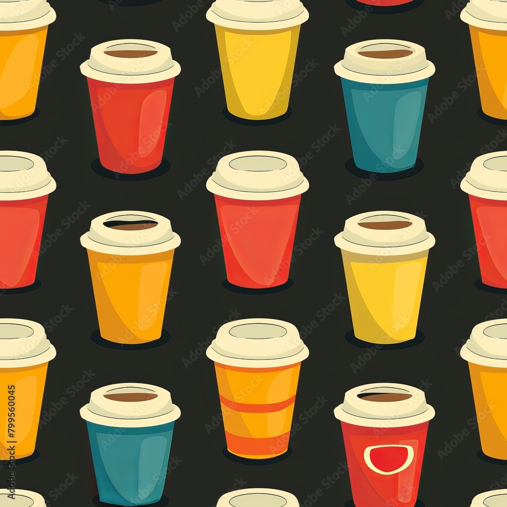A seamless pattern of cartoon coffee cups with lids in various colors against a dark background. A seamless pattern of cartoon coffee cups with lids in various colors against a dark background.
