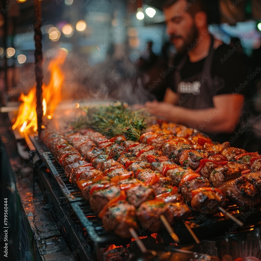 Chef grilling delicious barbeque kebabs on open grill, outdoor outlet. traditional food festival in the city. healthy halal food to consume