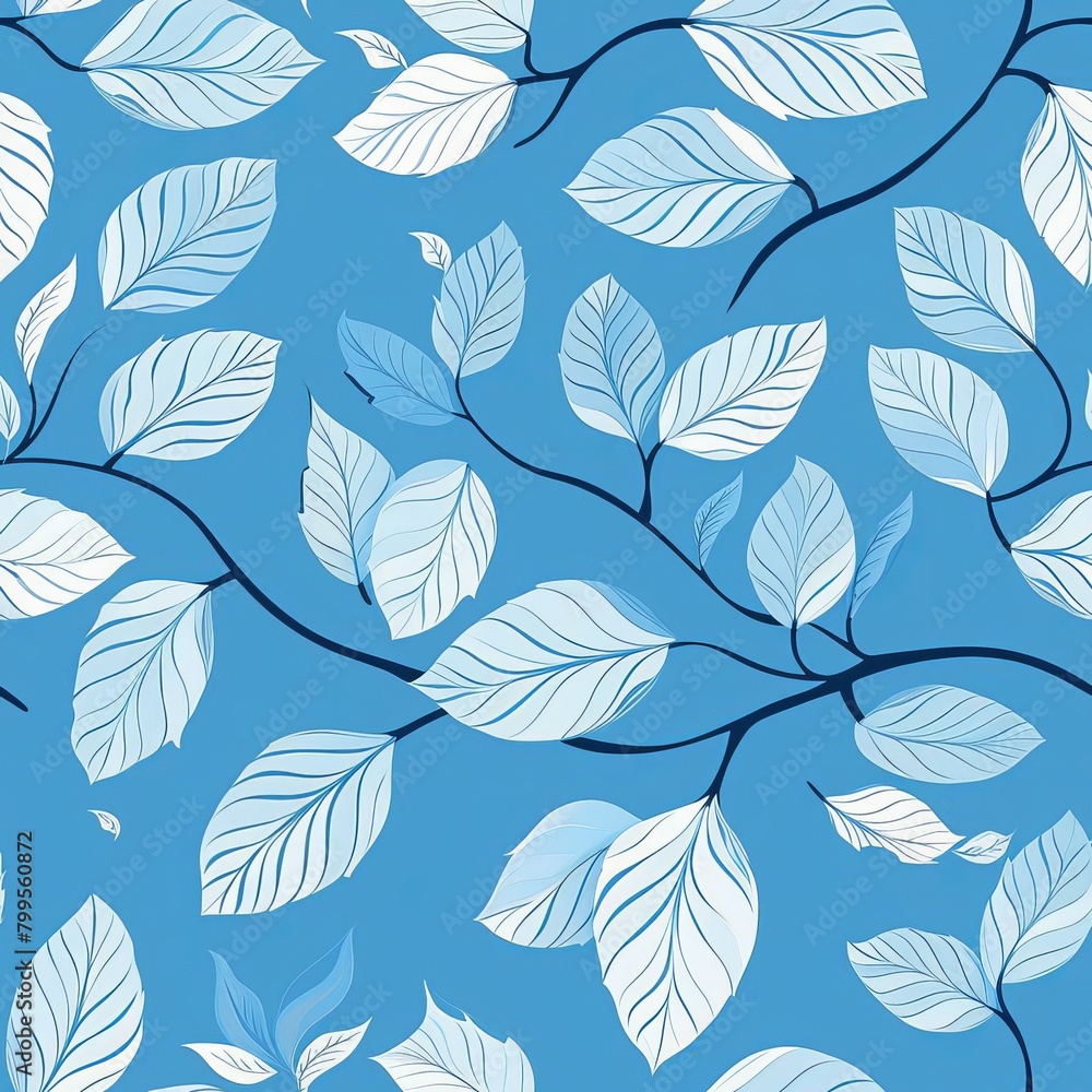 A seamless pattern with blue and white leaves on a light blue background.