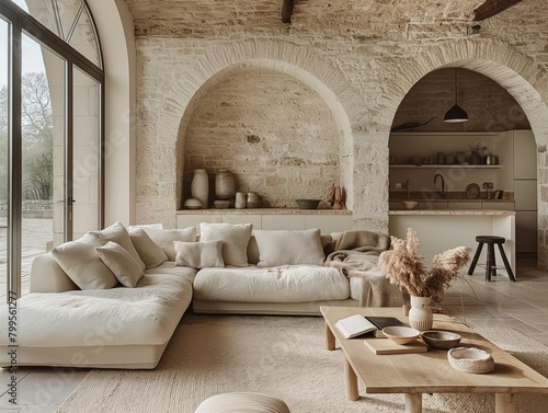 A living room with a couch, coffee table, and a kitchen area. The room has a warm and inviting atmosphere with a mix of modern and rustic elements