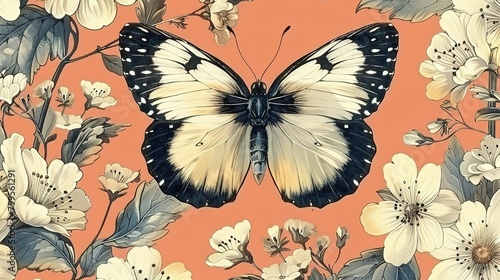 Whimsical Wonders: Seamless Boho Butterfly & Floral Pattern on Coral