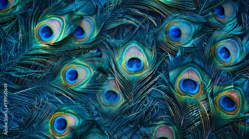 A close up of a peacock's feathers with a blue background photo