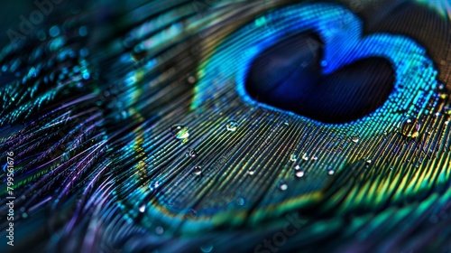 Iridescent Majesty: A Close-Up of Peacock Feathers Against a Captivating Blue Background