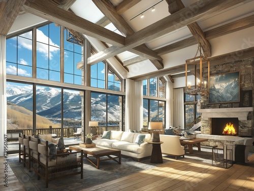 A large, open living room with a fireplace and a view of mountains. The room is filled with furniture, including a couch, chairs, and a coffee table. The atmosphere is cozy and inviting © MaxK