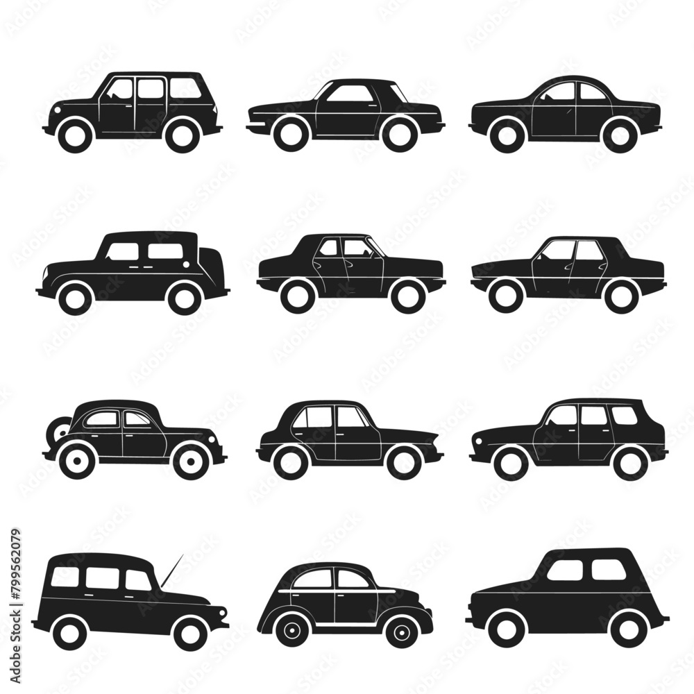 Simple line drawings of various automobiles in black