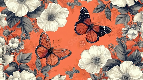 Enchanting Elegance: Hand-Drawn Indian Butterflies & Flowers on Coral