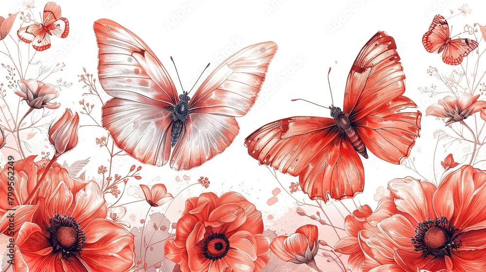 Obraz premium Enchanting Elegance: Hand-Drawn Indian Butterflies & Flowers on Coral