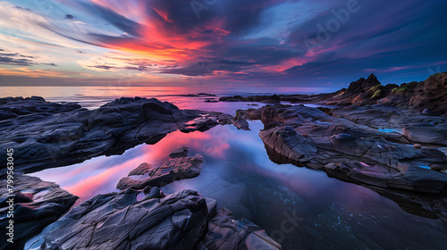 A beautiful sunset over the ocean with a rocky shoreline. The sky is filled with clouds and the water is calm