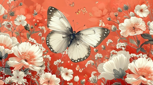 Whimsical Wonders: Seamless Boho Butterfly & Floral Pattern on Coral