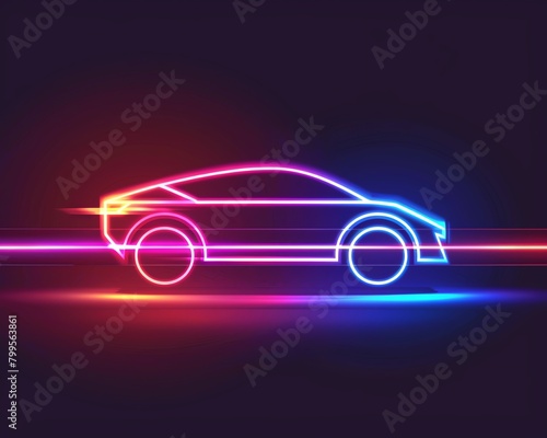 Striking neon electric vehicle outlined in simple line art within a glowing light banner  promoting ecofriendly transport