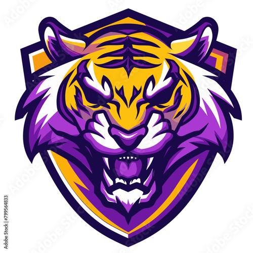 fierce Bengal tiger roaring with its mouth wide open, revealing sharp teeth. The tiger has a purple shield in front of it, with gold lettering