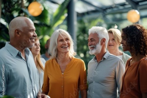 Group of senior people talking and smiling while walking in the park.