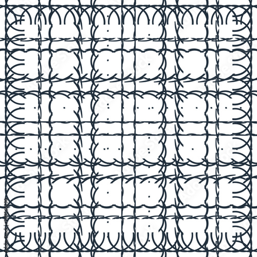 A grid with curved lines, protruding threads and dots inside the cells.
